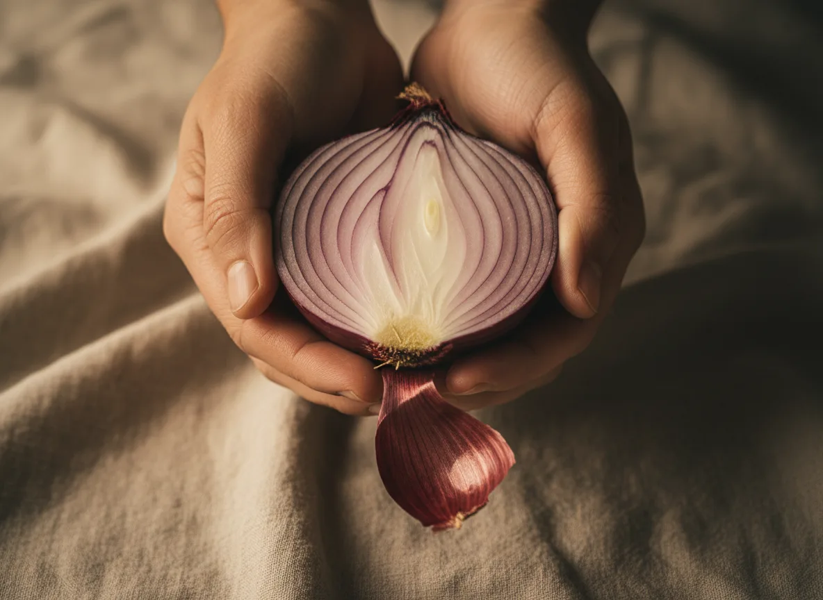 Hands gently holding layers of an onion